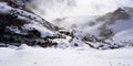 Closeup stone and stream in the mist Noboribetsu onsen snow winter panorama Royalty Free Stock Photo