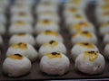 Dessert Moon cake, Chinese Puff Pastry, Bean cake with salted egg yolk, Thai cake mung bean and egg cake on top with Black Sesame 