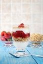 Closeup strawberry parfait with spoon