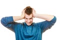 Closeup stressed man holds head with hands Royalty Free Stock Photo