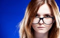Closeup strict young woman with nerd glasses