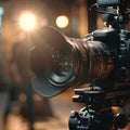 Closeup of studio camera lens, focused on interviewer, soft backlight, intense media environment