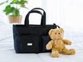 Closeup studio shot of black color multifunction multipurpose utility newborn toddler accessories handbag on bed with teddy bear