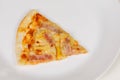 Closeup studio shot of one piece of tasty delicious Italian homemade mozzarella cheesy ham and pineapple original Hawaiian pizza Royalty Free Stock Photo