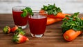 Closeup studio shot two glasses of freshly blended squeezed decorated with strawberry and carrot healthy diet vegan drink fresh