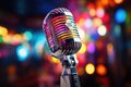 closeup stylish old retro microphone on multicolored bright bokeh background Royalty Free Stock Photo