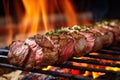 a closeup of succulent grilled meat on skewers