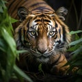 Closeup Sumatran tiger stealthily stalking in jungle Royalty Free Stock Photo