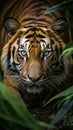 Closeup Sumatran tiger stealthily stalking in jungle Royalty Free Stock Photo