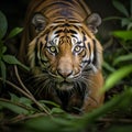 Closeup Sumatran tiger stealthily stalking in jungle Royalty Free Stock Photo