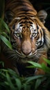 Closeup Sumatran tiger stealthily stalking in jungle Royalty Free Stock Photo