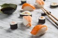 Sushi composition on marble background