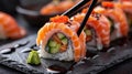 A closeup of sushi rolls filled with cucumbers and avocado, drizzled with sauce, neatly arranged on a black plate