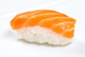 Closeup of Syake sushi on a white background
