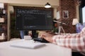 Closeup of system developer writing code on personal computer typing algorithm on keyboard Royalty Free Stock Photo