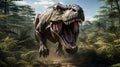 Closeup of T-Rex Jaw with sharp teeth Roaring and running fast on a Pathway in the middle of a Forest with tree ferns and trees Royalty Free Stock Photo