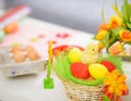 Closeup on table with Easter eggs Royalty Free Stock Photo