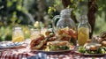 Closeup of a table set with a checkered tablecloth plates of sandwiches and a pitcher of lemonade for a charming and Royalty Free Stock Photo