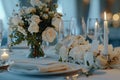 CloseUp of a Table Setting at a Wedding Reception with Name Cards and Centerpieces Royalty Free Stock Photo