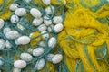 Closeup of a tangled nylon fishing net with white floats Royalty Free Stock Photo