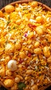Closeup tantalizing Bhel Puri, a popular Indian snack.
