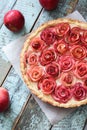 Closeup of tasty apple rose pie with cream filling served with r Royalty Free Stock Photo