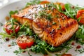 closeup tasty baked salmon steak with cherry tomatoes and arugula on a white plate