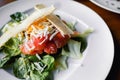 Closeup tasty grill vegetarian Slices of smoked salmon with bread, letuce arugula and cheese in european style, meal on large roun Royalty Free Stock Photo