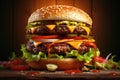 Closeup of tasty hamburger on wooden table with copyspace, Big fastfood tasty restaurant burger hamburger cheeseburger, AI