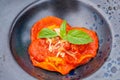 Closeup of tasty ravioli with tomato sauce, cheese, and basil Royalty Free Stock Photo