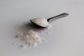 Closeup of teaspoon full of rock salt on white surface