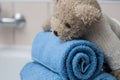 Teddy bear on rolled blue bath towels in bathroom Royalty Free Stock Photo