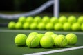 closeup of tennis balls and racquet on a tennis court Royalty Free Stock Photo