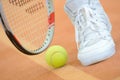 Closeup tennis racket ball and shoe Royalty Free Stock Photo