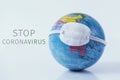 World globe with a mask and text stop coronavirus