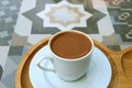 Closeup the Texture of Turkish Coffee Served on a Moorish Pattern Stone Table