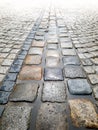 Closeup texture of wet stone pavement and rain puddles