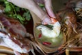 Closeup Thai Seafood platter lunch in Thailand Summer vacation. Whole crab and prawns bbq served with Thai seafood dipping spicy Royalty Free Stock Photo