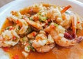 Closeup, Thai Spicy Shrimp on white plate