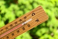 Closeup a thermometer showing high temperature against green trees in summer sunlight Royalty Free Stock Photo