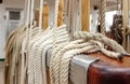 Closeup of thick ropes on sailboat