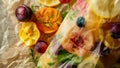 Closeup of a thin paperlike sheet of edible packaging featuring a colorful design of fruits and vegetables. The sheet is