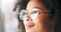Closeup of thinking businesswoman wearing vision optometry glasses and looking confident, assertive and ready for Royalty Free Stock Photo