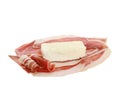Closeup of a thinly sliced prosciutto with fresh cheese on top isolated on a white background
