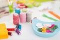 Closeup on threads and buttons on table for easter