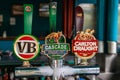 Closeup of three beer tap handles in Kuranda, Australia.