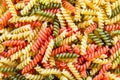 Closeup of three color fusilli variety pasta in beautiful colorful texture Royalty Free Stock Photo