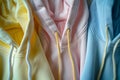 Closeup of stacked hoodies in magenta, shoulder, textile art gesture