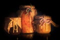 closeup three glass jars of tasty jam with rustic decoration Royalty Free Stock Photo