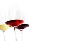 Closeup of three glass of red, rose and white wine isolated over white background. Wine list menu design with copyspace. Royalty Free Stock Photo